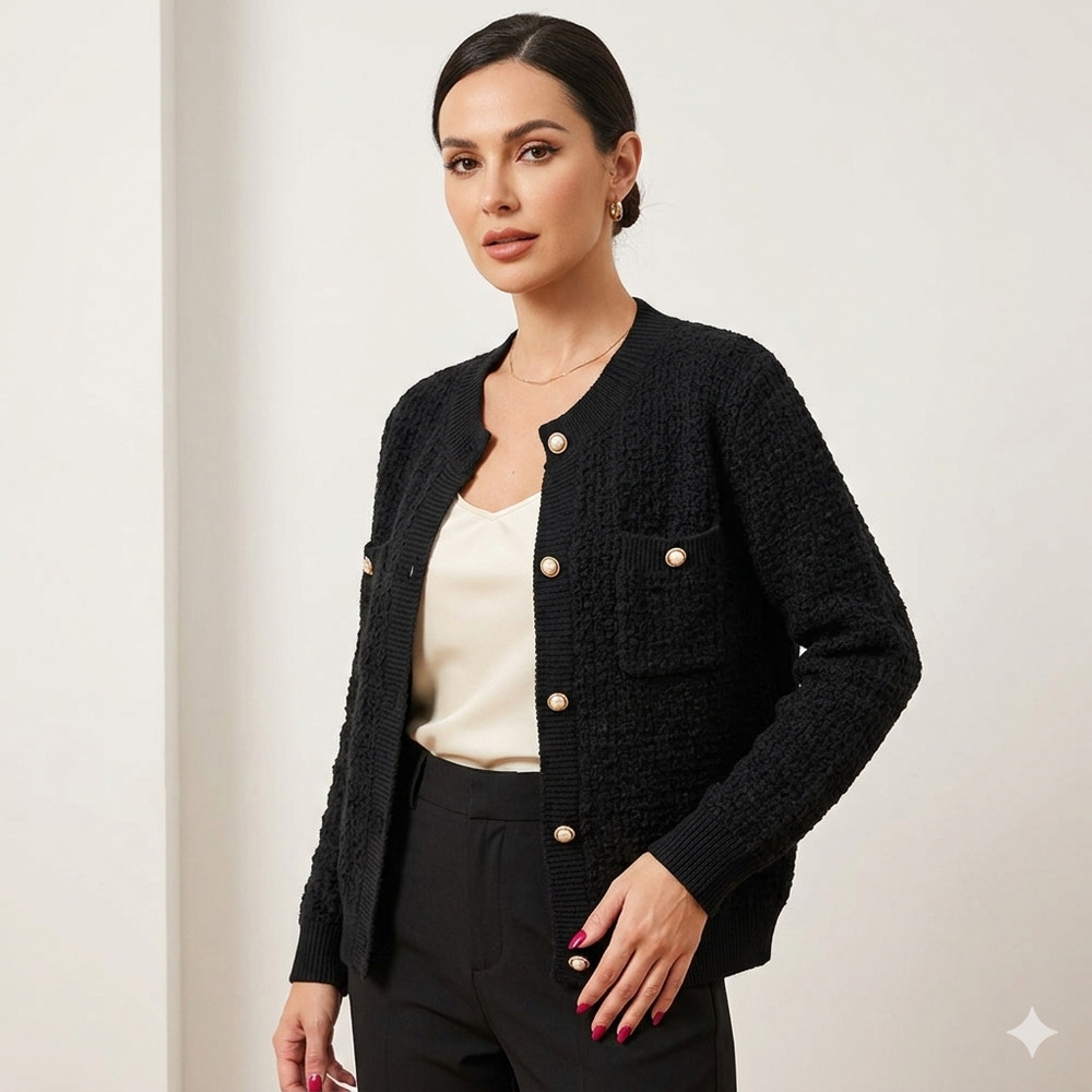 Grace Karin Textured Pearl Button Knit Cardigan Jacket Black XL